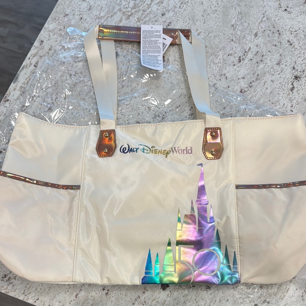 Disney World 50th Cream Tote Bag with Iridescent Castle Design